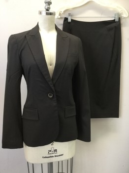 THEORY, Chocolate Brown, Wool, Lycra, Solid, Single Breasted, Collar Attached, Peaked Lapel, 3 Pockets, 1 Button
