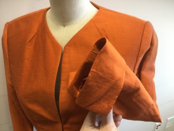Womens, 1990s Vintage, Suit, Jacket, GEORGIOU, Orange, Linen, Polyester, Solid, W25, B32, 3 Hook & Eyes, Princess Seams, French Cuffs,, Fabric Reads As Silk