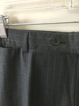 MATTARAZI UOMO, Gray, Lt Blue, Wool, Cashmere, Stripes - Pin, Gray with Light Blue Pinstripes, Flat Front, Button Tab Waist, 5 Pockets Including 1 Watch Pocket, Cuffed Hems, Straight Leg **Barcode on Left Side