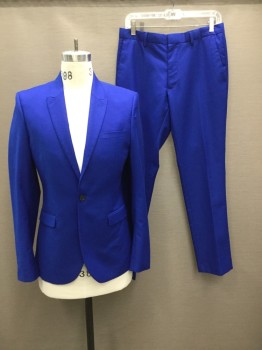 TOPMAN, Royal Blue, Polyester, Viscose, Solid, Single Breasted, Collar Attached, Peaked Lapel, 1 Button, 3 Pockets,