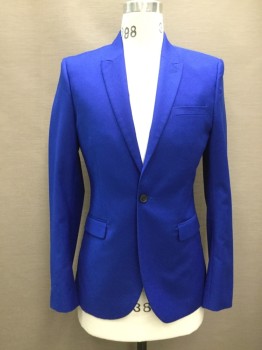 TOPMAN, Royal Blue, Polyester, Viscose, Solid, Single Breasted, Collar Attached, Peaked Lapel, 1 Button, 3 Pockets,