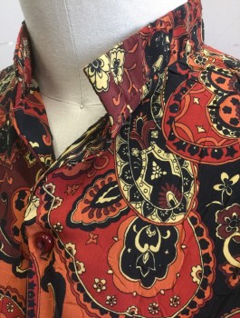 B.C. ETHIC, Red, Black, Orange, Yellow, Polyester, Paisley/Swirls, Crinkled Texture Crepe, Long Sleeve Button Front, Band Collar, Oversized Baggy Fit,