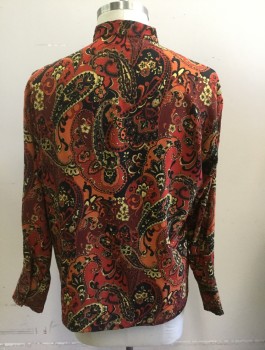 B.C. ETHIC, Red, Black, Orange, Yellow, Polyester, Paisley/Swirls, Crinkled Texture Crepe, Long Sleeve Button Front, Band Collar, Oversized Baggy Fit,