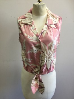 ISLANDER, Pink, Off White, Brown, Tan Brown, Rayon, Hawaiian Print, Floral, Sleeveless, Button Front, Collar Attached, Notched Lapel, Front Tie Hem