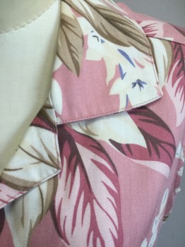 ISLANDER, Pink, Off White, Brown, Tan Brown, Rayon, Hawaiian Print, Floral, Sleeveless, Button Front, Collar Attached, Notched Lapel, Front Tie Hem