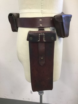 Unisex, Sci-Fi/Fantasy Belt, MTO, Dk Brown, Leather, Solid, Adj, Silver Aged Rectangular Buckle, Multiple Attached Different Style Bags, Attached with Studs, 2 Silver Metal Hanging Attachments