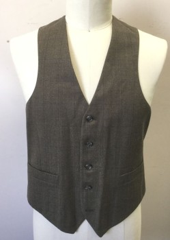 Mens, 1980s Vintage, Suit, Vest, BOTANY 500/ACADEMY A, Brown, Blue, Red Burgundy, Wool, Grid , 44, Herringbone Texture, 5 Buttons, 2 Pockets, Solid Taupe Silk Lining and Back, Self Belted Back,