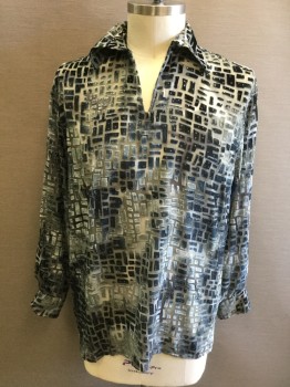 POSSI, Dusty Blue, Polyester, Novelty Pattern, Square Shape Burnout with Dots, Collar Attached, Long Sleeves, Slit Placket, Pullover