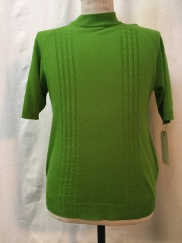 KING ARTHUR, Green, Acrylic, Solid, Cable Knit, Mock Neck, Short Sleeves,