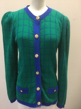 LAURA BY ALYZIA, Kelly Green, Royal Blue, Nylon, Acrylic, Grid , Knit, Solid Royal Blue 1" Edging at Round Neck, Button Placket, Cuffs and 2 Faux Pockets, Gold Buttons at Front, Puffy Sleeves with Padded Shoulders,