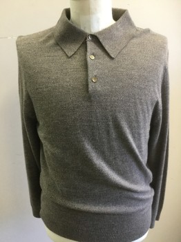 Mens, Pullover Sweater, TURNBURY, Beige, Brown, Wool, 2 Color Weave, 40, Medium, Polo, 3 Buttons,  Long Sleeves,