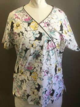 DICKIES, White, Black, Lilac Purple, Sea Foam Green, Yellow, Cotton, Floral, White with Black and Pastel Multicolor Floral, Short Sleeves, Faux Surplice V Neckline with Black Piping Trim, 2 Patch Pockets at Hips