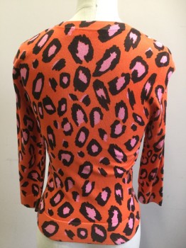KAREN MILLER, Orange, Pink, Black, Cotton, Elastane, Animal Print, Snap Front, 3/4 Sleeves, Knit, Crew Neck,