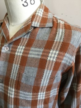 N/L, Rust Orange, Gray, Cream, Black, Wool, Plaid, Button Front, Collar Attached, Long Sleeves, Button Loop at Collar, 1 Pocket, Missing Bottom Button