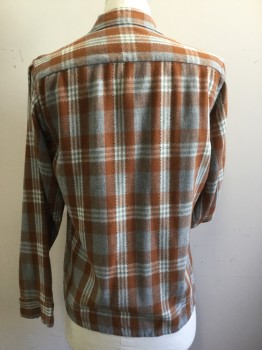 N/L, Rust Orange, Gray, Cream, Black, Wool, Plaid, Button Front, Collar Attached, Long Sleeves, Button Loop at Collar, 1 Pocket, Missing Bottom Button