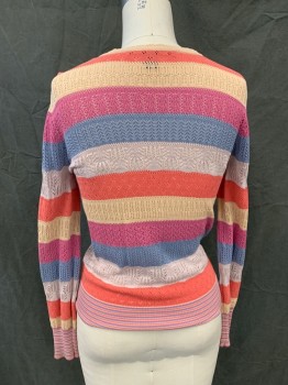 MARC JACOBS, Tan Brown, Coral Orange, Dove Gray, Purple, Lt Blue, Cotton, Stripes, Delicate Open Knit, Scoop Neck, Long Sleeves, Ribbed Knit Waistband/Cuff