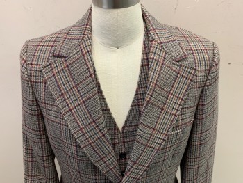 Mens, 1970s Vintage, Suit, Jacket, N/L, Khaki Brown, Red, Navy Blue, Brown, Gray, Wool, Plaid, 34/29, 40R, 2 Button Front, Notched Lapel, 3 Pockets,