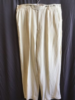 Mens, Pants, MOJITO, Beige, Linen, Rayon, Solid, 34/30, 1.5" Waistband with Belt Hoops, 2 Pleat Front, Zip Front, 4 Pockets, Stain at Hem on Left Leg See Detail Photo,