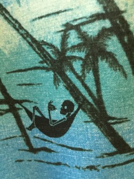 Mens, Swim Trunks, Rvca, Mint Green, Aqua Blue, Blue, Black, Orange, Polyester, Elastane, Print, Multi Colored Blues with Black Print Of Skeletons Relaxing in Hammocks Amongst Palm trees.