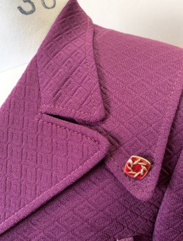 CAPITAL CLOTHING CO., Plum Purple, Polyester, Solid, Diamonds, Self Diamond Texture, 3 Red and Gold Square Buttons, Notched Lapel, Pointed Yoke at Shoulders with Decorative Buttons, 3 Pockets with Unusual Flaps, Pink Patterned Lining,