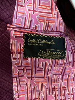 CAPITAL CLOTHING CO., Plum Purple, Polyester, Solid, Diamonds, Self Diamond Texture, 3 Red and Gold Square Buttons, Notched Lapel, Pointed Yoke at Shoulders with Decorative Buttons, 3 Pockets with Unusual Flaps, Pink Patterned Lining,