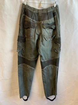 N/L, Olive Green, Dk Olive Grn, Cotton, Color Blocking, CARGO PANTS, Zip Fly, Button Closure, 4 Pockets, 2 Pockets at Legs, Elastic Straps on Hems, Dark Olive Rubber Patches *Aged/Distressed*