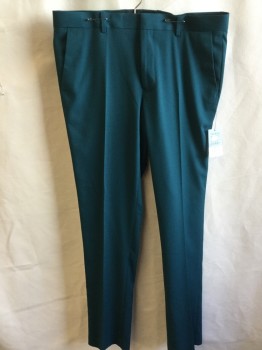 Mens, Slacks, TOPMAN, Teal Green, Polyester, Viscose, Solid, 34/31, 1.5" Waistband with Belt Hoops, Flat Front, Zip Front, 4 Pockets
