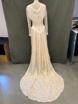 Womens, Wedding Dress, MARTIN MCCREA, Eggshell White, Polyester, Solid, Floral, S, Floral Lace Over Satin, V-neck, Passementerie Over Mesh V-neck with Beading V Shape at Neck with Fringe, Sheer Lace Long Sleeves, Floral Lace White Trim, Zip Back, Jagged Hem with Fringe, with Attached Train,