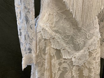Womens, Wedding Dress, MARTIN MCCREA, Eggshell White, Polyester, Solid, Floral, S, Floral Lace Over Satin, V-neck, Passementerie Over Mesh V-neck with Beading V Shape at Neck with Fringe, Sheer Lace Long Sleeves, Floral Lace White Trim, Zip Back, Jagged Hem with Fringe, with Attached Train,