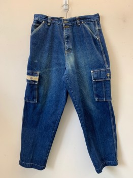 Mens, Jeans, VARCITY, Denim Blue, Cotton, Solid, 34/29, Denim Cargo Pants, 7 Pockets, Belt Loops,