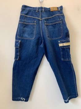 Mens, Jeans, VARCITY, Denim Blue, Cotton, Solid, 34/29, Denim Cargo Pants, 7 Pockets, Belt Loops,