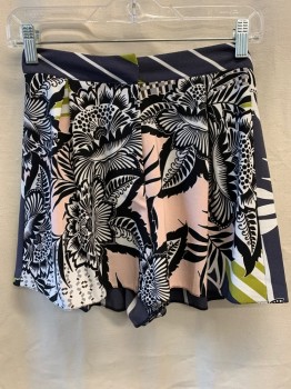 Womens, Shorts, TOPSHOP, Dk Gray, White, Black, Chartreuse Green, Lt Pink, Polyester, Floral, Stripes, 4, Elastic Waistband at Back, Side Pockets, Zip Front