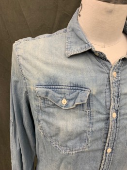 G-STAR, Lt Blue, Cotton, Solid, Denim Shirt, Button Front, Collar Attached, 2 Flap Pockets, Long Sleeves, Button Cuff *Hole at Top of Pocket*