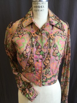 Womens, Jacket, FOX 25, Brown, Pink, Lime Green, Orange, Polyester, Linen, Floral, Paisley/Swirls, B:34, Collar Attached, Self Cover Button Front, Long Sleeves, 2.5" Waistband, Short Jacket