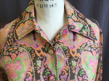 Womens, Jacket, FOX 25, Brown, Pink, Lime Green, Orange, Polyester, Linen, Floral, Paisley/Swirls, B:34, Collar Attached, Self Cover Button Front, Long Sleeves, 2.5" Waistband, Short Jacket
