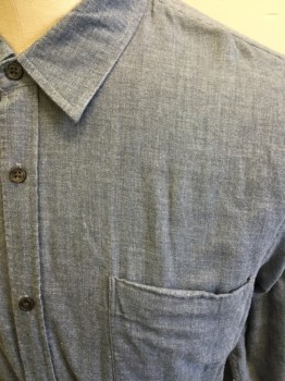 VINCE, Dusty Blue, Cotton, Solid, Long Sleeves, Collar Attached, 1 Pocket, Button Front, Very Soft Lightlweight 2-ply Weave