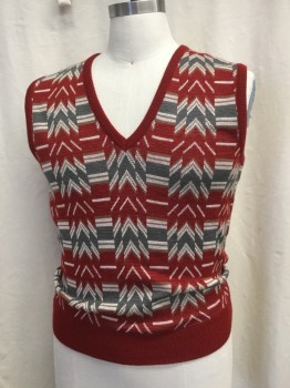 Mens, Vest, CACHAREL, Cranberry Red, Gray, White, Brown, Wool, Acrylic, Geometric, Chevron, C40, Pull On, V-neck, Rib Knit Trims and Waistband,