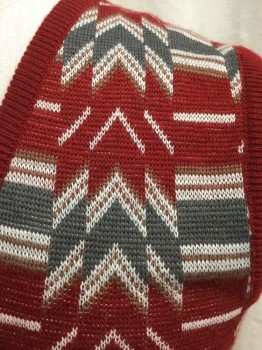 Mens, Vest, CACHAREL, Cranberry Red, Gray, White, Brown, Wool, Acrylic, Geometric, Chevron, C40, Pull On, V-neck, Rib Knit Trims and Waistband,