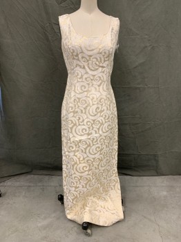 Womens, 1960s Vintage, Piece 2, N/L, Gold, White, Silk, Swirl , W 26, B 32, H 34, Dress - Scoop Neck, Empire Angled Waist in the Front, Zip Back, Floor Length Hem, Side Seam Slit, *Tearing at Left Arm Hole*
