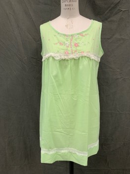 Womens, Sleepwear, N/L, Mint Green, White, Pink, Cotton, Solid, Floral, B 38, Short Nightgown, Scoop Neck, Sleeveless, Pink/White Floral Embroidery, White Lace Bust Trim and Hem, Gathered at Bust,