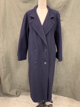 Womens, Coat, DONNYBROOK, Navy Blue, Wool, Solid, B 36, 8, H 38, Overcoat, Double Breasted, Collar Attached, Notched Lapel, 2 Pockets, Raglan Long Sleeves, Ankle Length, Sleeve Button Tabs,