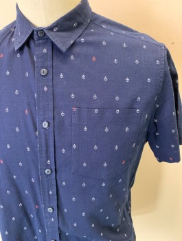 CACTUS MAN, Navy Blue, Gray, Red, Cotton, Novelty Pattern, Tiny Gray and Red Anchors Pattern, Short Sleeve Button Front, 1 Patch Pocket