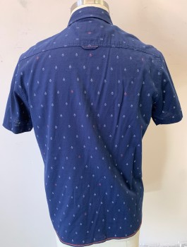 CACTUS MAN, Navy Blue, Gray, Red, Cotton, Novelty Pattern, Tiny Gray and Red Anchors Pattern, Short Sleeve Button Front, 1 Patch Pocket