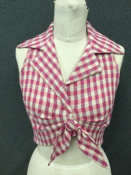 Womens, 1960s Vintage, Piece 1, MTO, Magenta Pink, Pink, White, Linen, Plaid, B 32, Sleeveless Shirt, Collar Attached, Notched Lapel, Button Front, Horizontal Pleats From Center Front, Shorter in Front, Bow Front Detail