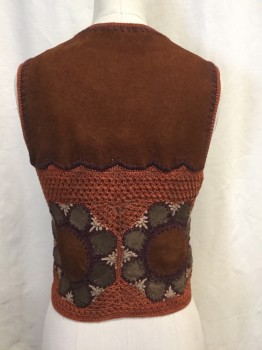 Womens, Vest, MTO, Brick Red, Brown, Maroon Red, Beige, Cotton, Leather, Floral, B32, S, Multiple, Boho Hippy, Crochet with Suede Floral Inserts, Button Front, V-neck, Aged