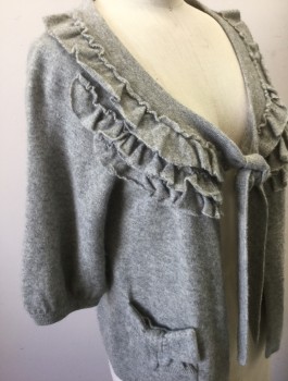 Womens, Sweater, JUICY COUTURE, Gray, Wool, Cashmere, Solid, S, Knit, 3/4 Sleeves, Scoop Neck, Self Tie Closures at Center Front, 3 Rows of Ruffles at Neck, 2 Pockets with Self Bow Detail, Cropped Length, 2000's