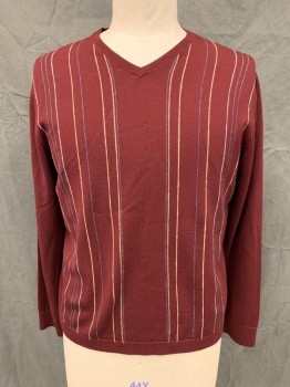 Mens, Pullover Sweater, BANANA REPUBLIC, Maroon Red, Tan Brown, Gray, Wool, Stripes - Vertical , XL, Maroon with Skinny Tan and Gray Stripes, Ribbed Knit V-neck, Ribbed Knit Cuff/Waistband