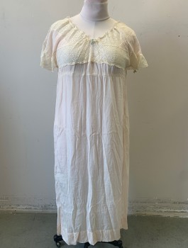 Womens, Sleepwear, FRANKLIN SIMON & CO, Lt Pink, Cream, Silk, Solid, B:38, Crepe De Chine with Cream Lace X Shaped Inset at Bust/Shoulders, Cap Sleeves, Round Drawstring Neck, Empire Waist, Light Green Velvet Bow at Center Front Neck,