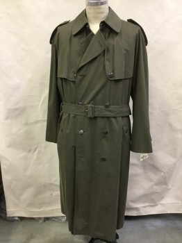 Mens, Coat, Trenchcoat, TOWNE, Olive Green, Cotton, Solid, 40, Double Breasted, Raglan Sleeves, Detached Front and Back Yoke, Epaulets, Belt Loops, Matching Buckle Belt, 2 Pockets, Button Tab Cuffs, Kick Pleat Center Back,  ZIP OUT LINING