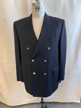 Mens, Sportcoat/Blazer, JACK VICTOR, Black, Wool, Solid, 46R, Double Breasted, 6 Buttons, 3 Pockets, Peaked Lapel, 4 Button Sleeves